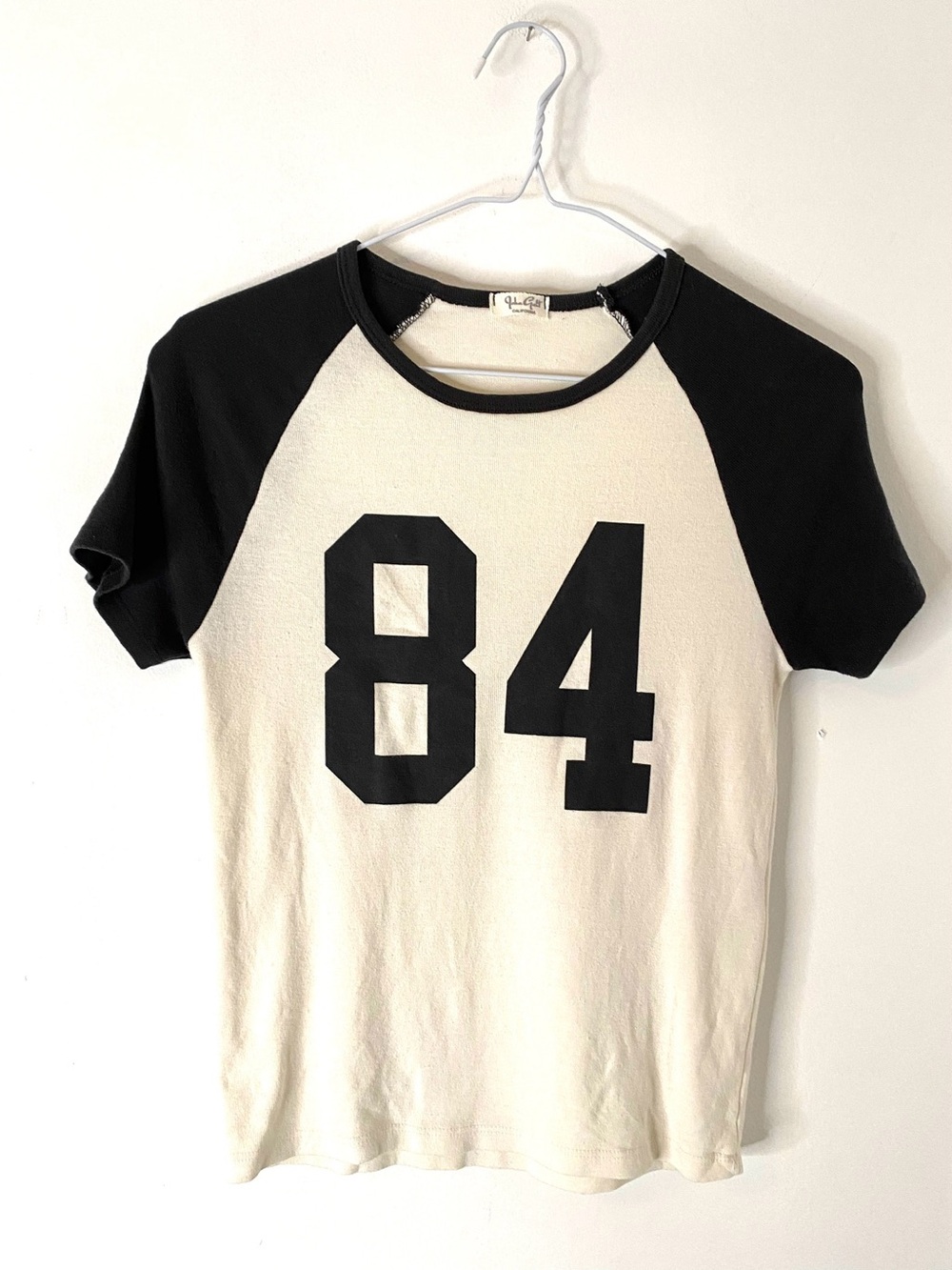 John Galt Brandy Melville Ivory White Black 84 Raglan Graphic Baby Tee